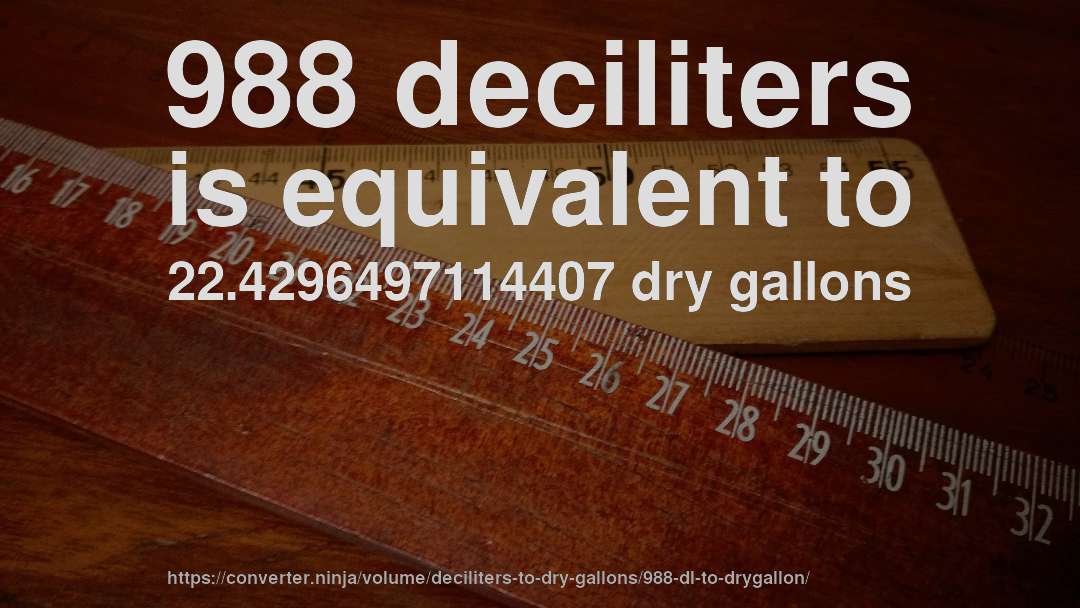 988 deciliters is equivalent to 22.4296497114407 dry gallons