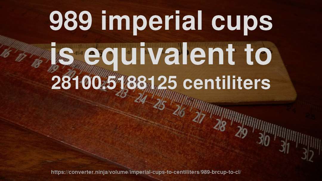 989 imperial cups is equivalent to 28100.5188125 centiliters