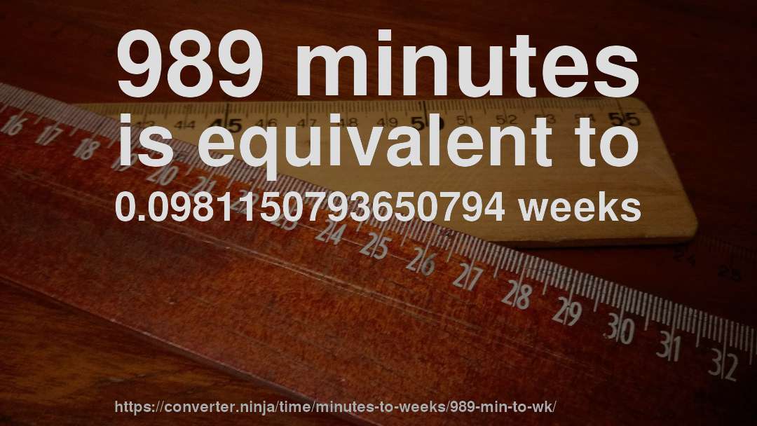 989 minutes is equivalent to 0.0981150793650794 weeks