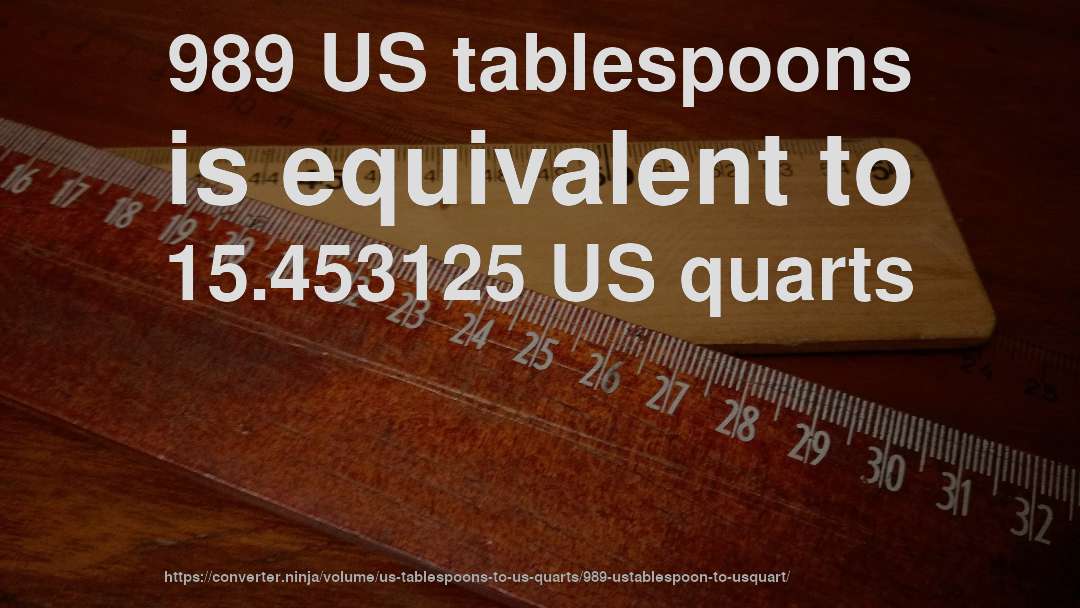 989 US tablespoons is equivalent to 15.453125 US quarts