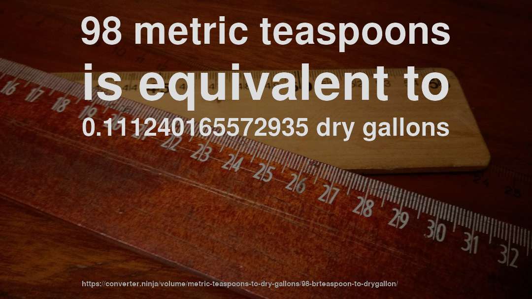 98 metric teaspoons is equivalent to 0.111240165572935 dry gallons