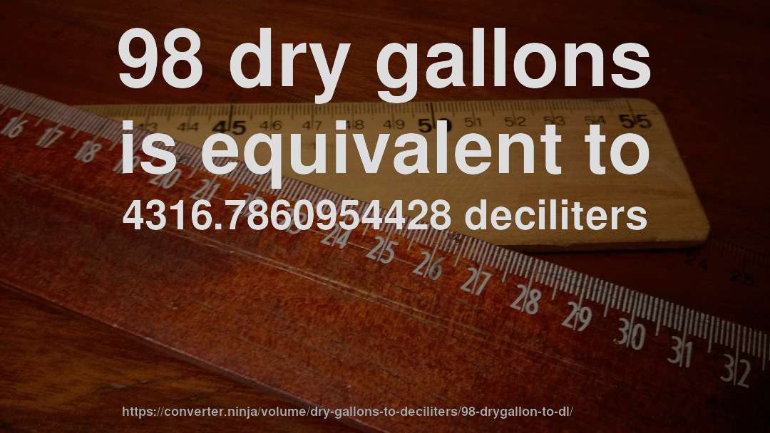98 dry gallons is equivalent to 4316.7860954428 deciliters