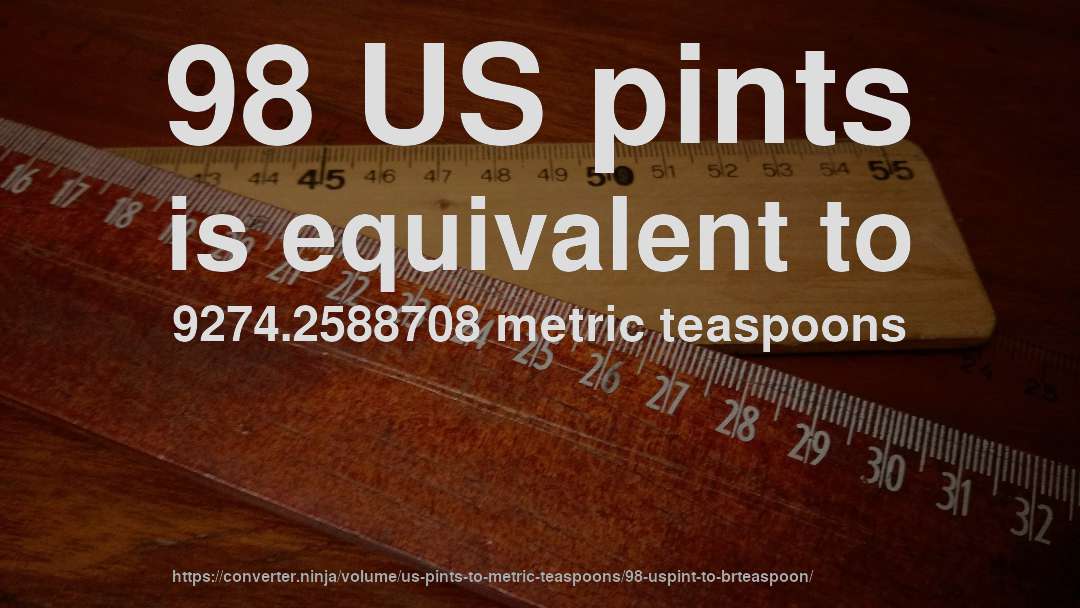 98 US pints is equivalent to 9274.2588708 metric teaspoons