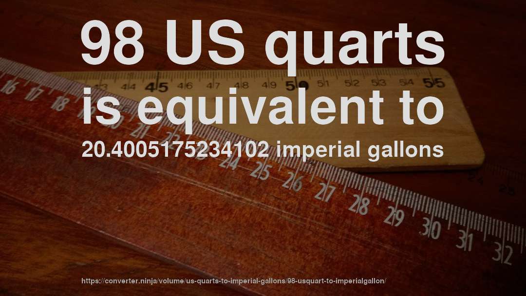 98 US quarts is equivalent to 20.4005175234102 imperial gallons