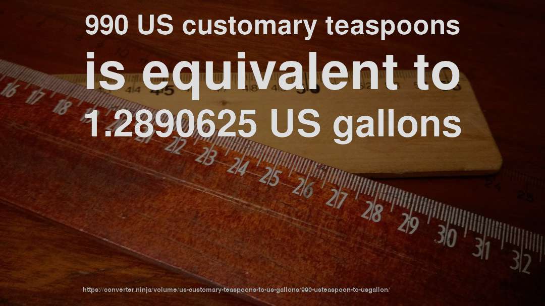 990 US customary teaspoons is equivalent to 1.2890625 US gallons