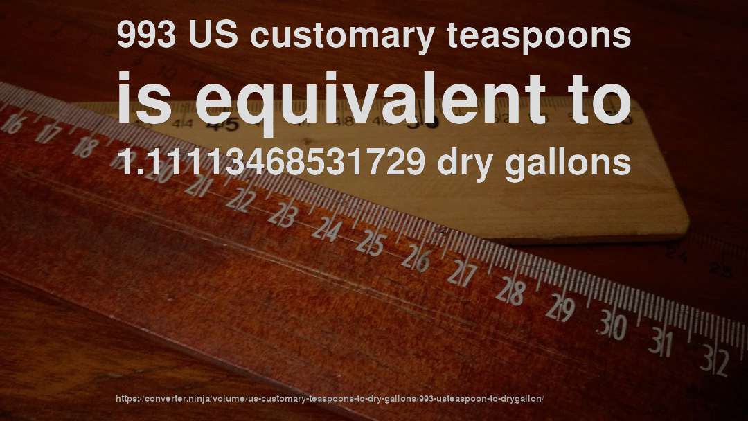 993 US customary teaspoons is equivalent to 1.11113468531729 dry gallons