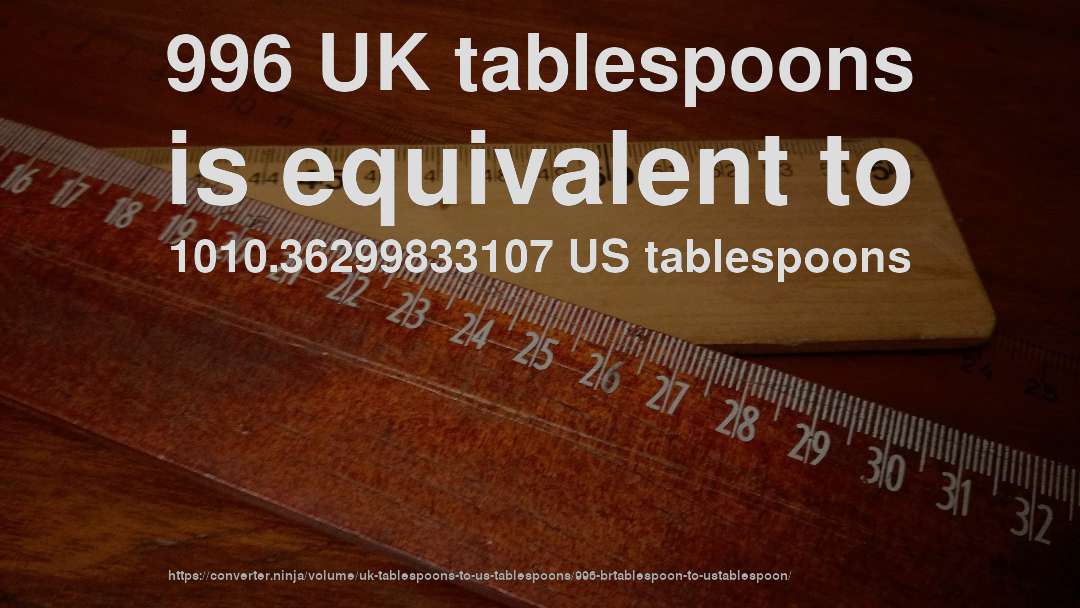 996 UK tablespoons is equivalent to 1010.36299833107 US tablespoons