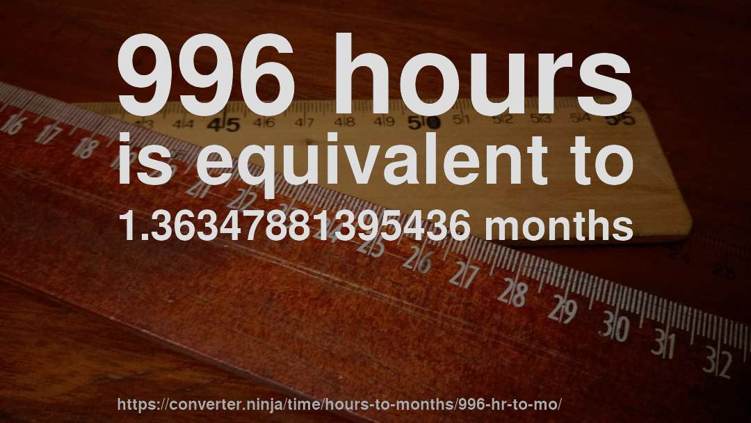 996 hours is equivalent to 1.36347881395436 months