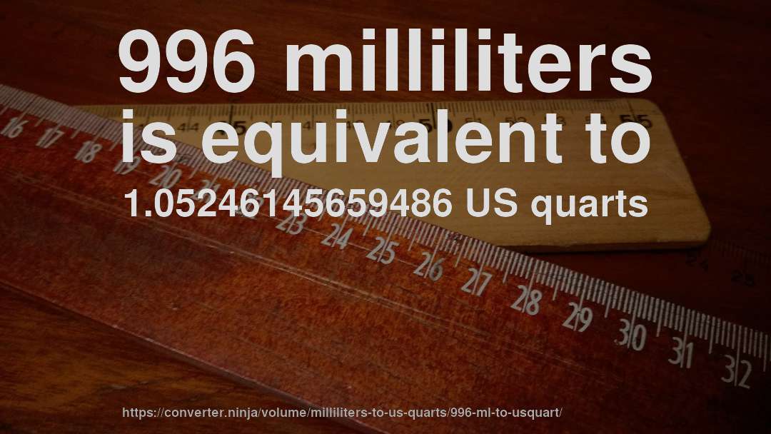 996 milliliters is equivalent to 1.05246145659486 US quarts