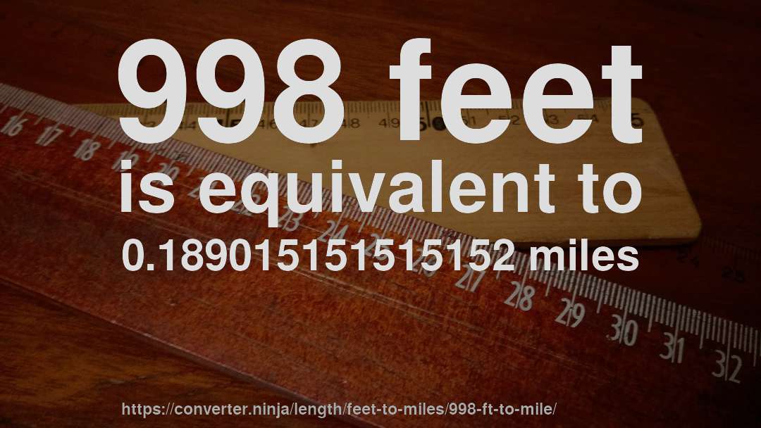 998 feet is equivalent to 0.189015151515152 miles