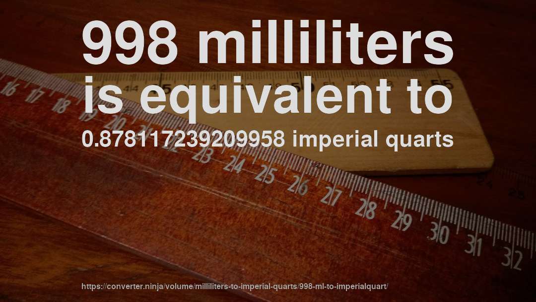 998 milliliters is equivalent to 0.878117239209958 imperial quarts