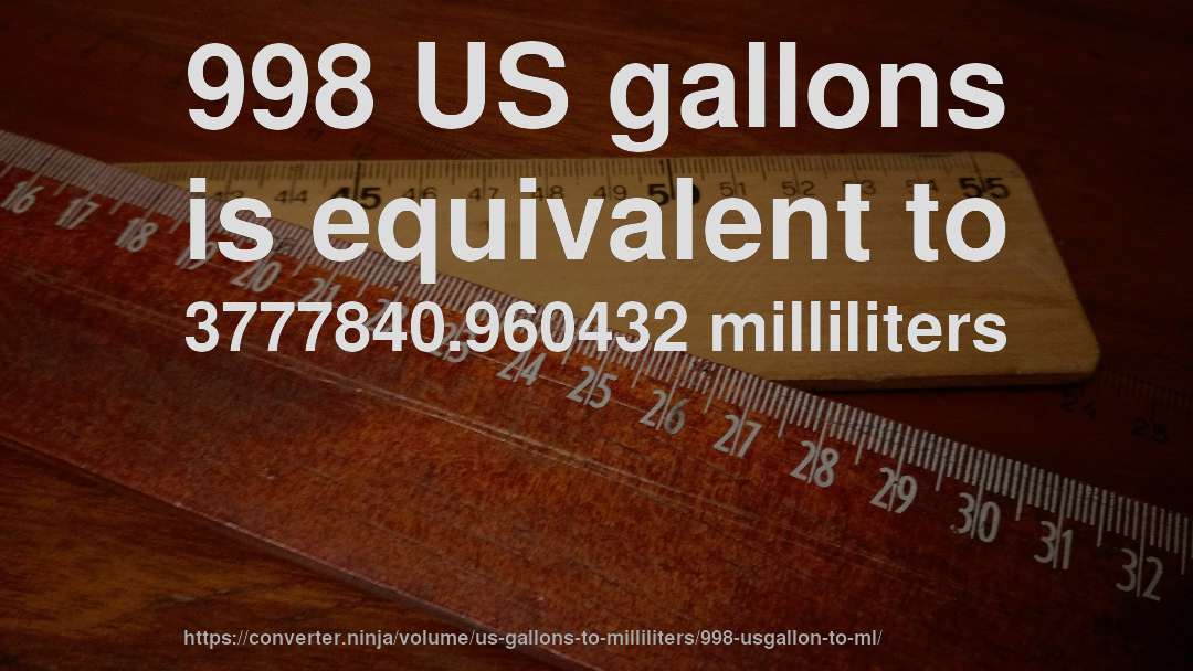 998 US gallons is equivalent to 3777840.960432 milliliters