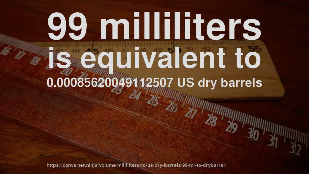 99 milliliters is equivalent to 0.00085620049112507 US dry barrels